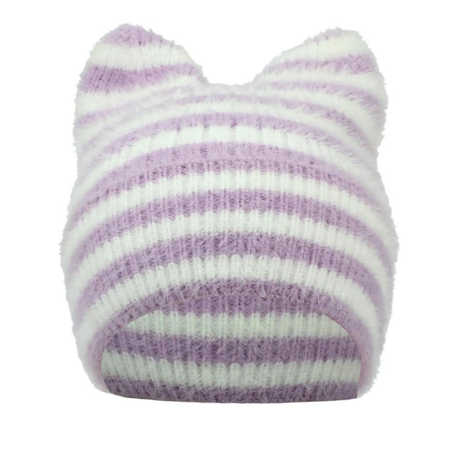 Gorro de lana con orejas de rayas y forma de pan al vapor para niños, gorro de invierno grueso con protección para las orejas, gorro de mujer