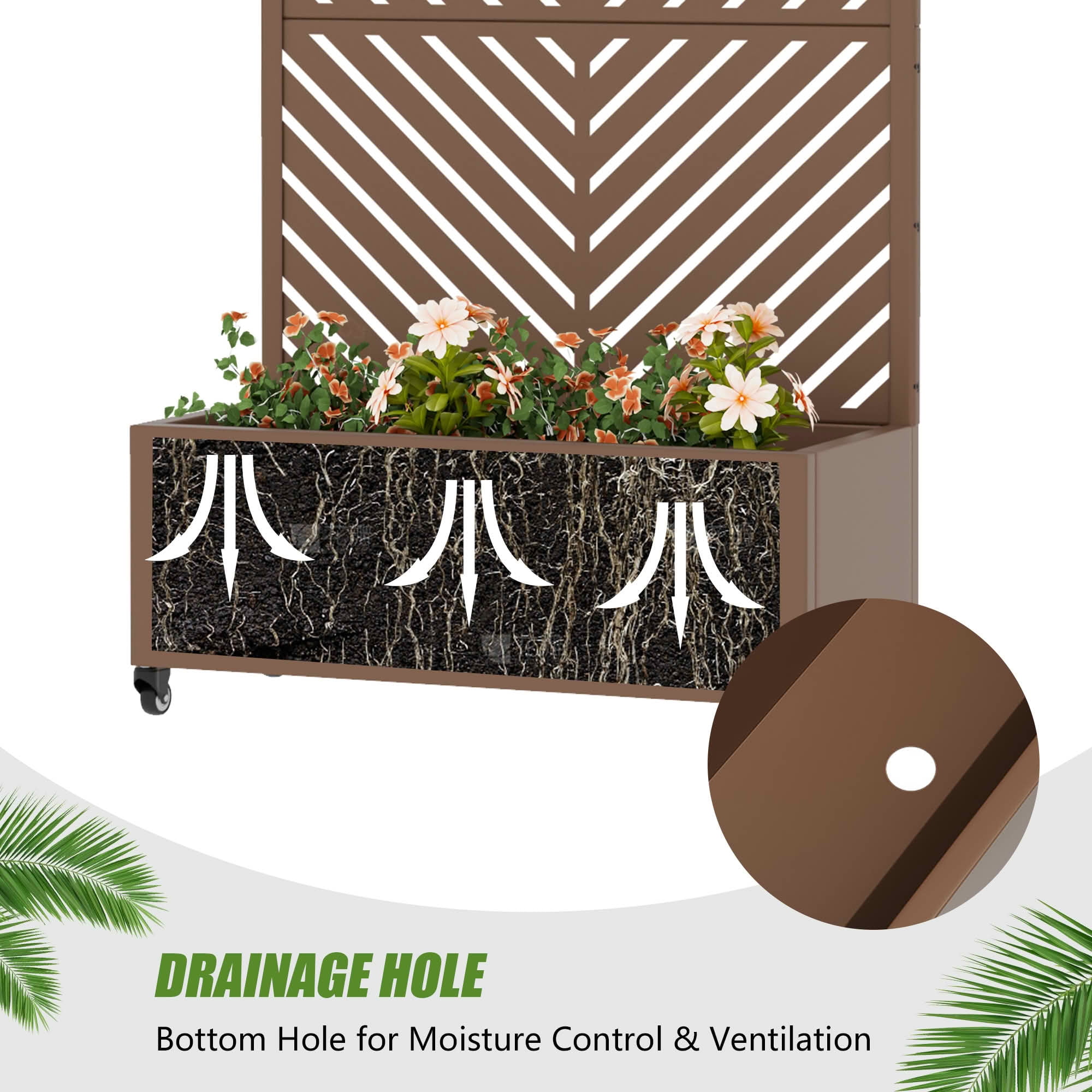 MAYEERTY 72X35" Metal Outdoor Brown Privacy Screen with Planter Box for Backyard & Garden, 3 Piece Set