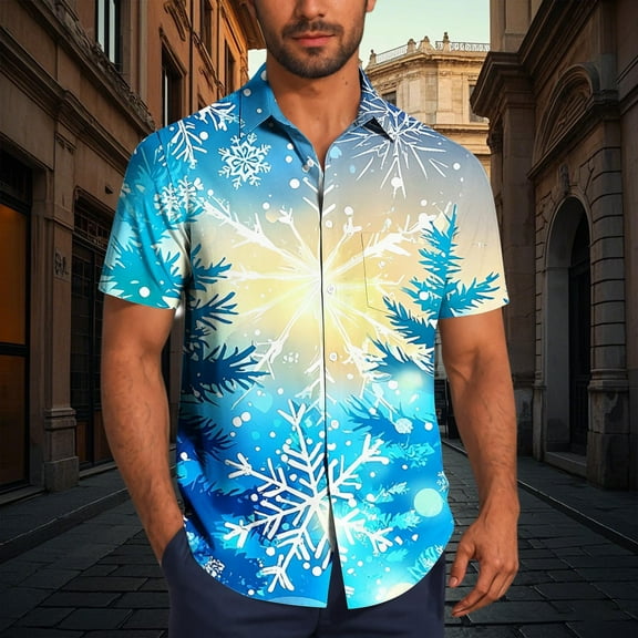 BLTIBY Christmas Shirt for Men Button Down Short Sleeve Lapel Hawaiian Shirts Xmas Santa Printed Casual Holiday Beach Shirts Top Sky Blue L