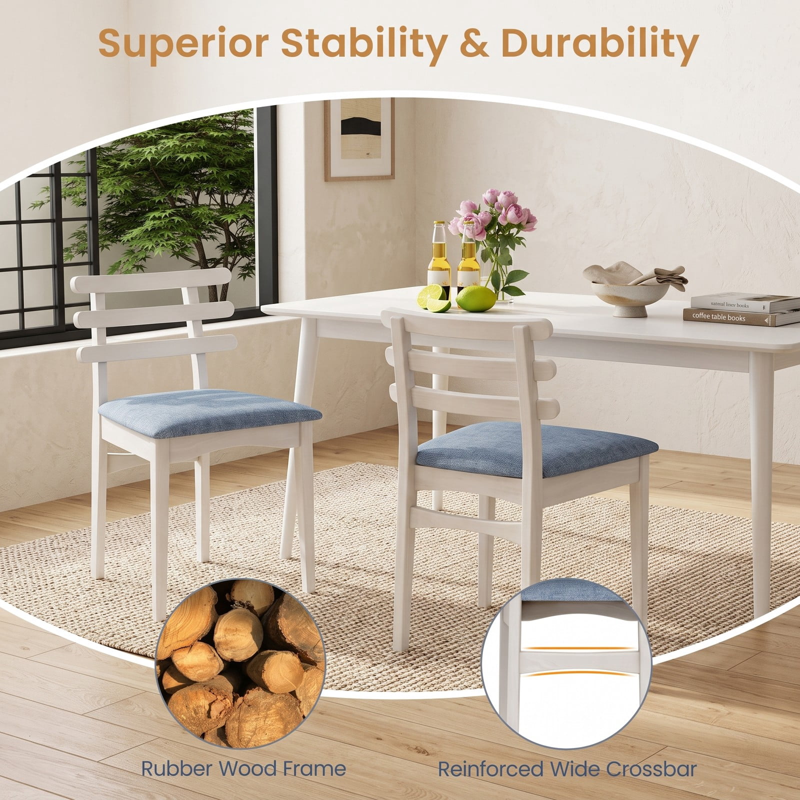 Furnibear Set of 2 Fabric Kitchen Dining Chairs, Upholstered Side Chairs with Rubber Wood Frame, Padded Polyester Seat and Ladder Backrest for Restaurant Home, White