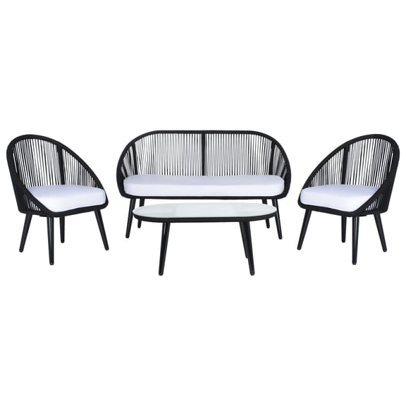 SAFAVIEH Halcott Outdoor Patio 4 Piece Conversation Set, Black/White