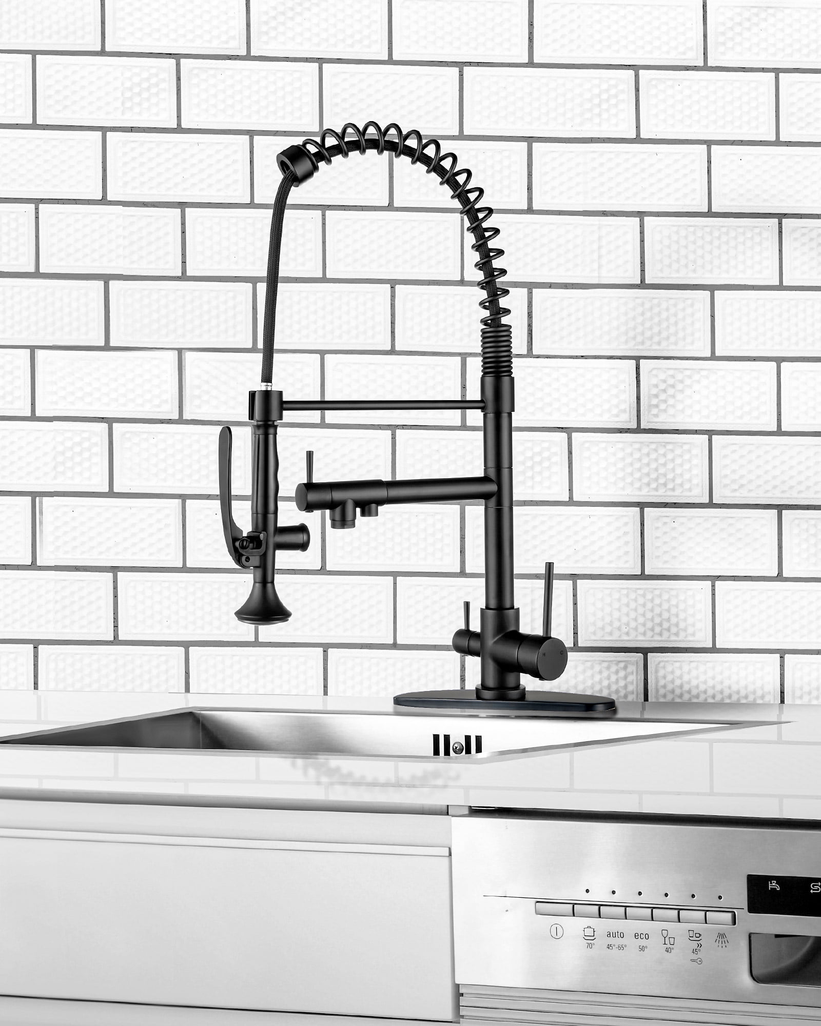 WOWOW Double-Handles Pull Down Sprayer Kitchen Faucet with Drinking Water for 1 or 3 Hole in Solid Brass in Brushed Nickel