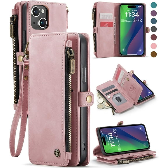 for iPhone 15 Case, for iPhone 15 Wallet Case for Women Men, Durable PU Leather Magnetic Flip Strap Wristlet Zipper Card Holder Wallet Phone Cases for iPhone 15 [6.1-inch], Rose Pink