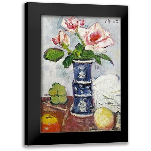 Hunter, George Leslie 11x14 Black Modern Framed Museum Art Print Titled - Pink Roses In a Chinese Blue and White Gu-Shaped Vase