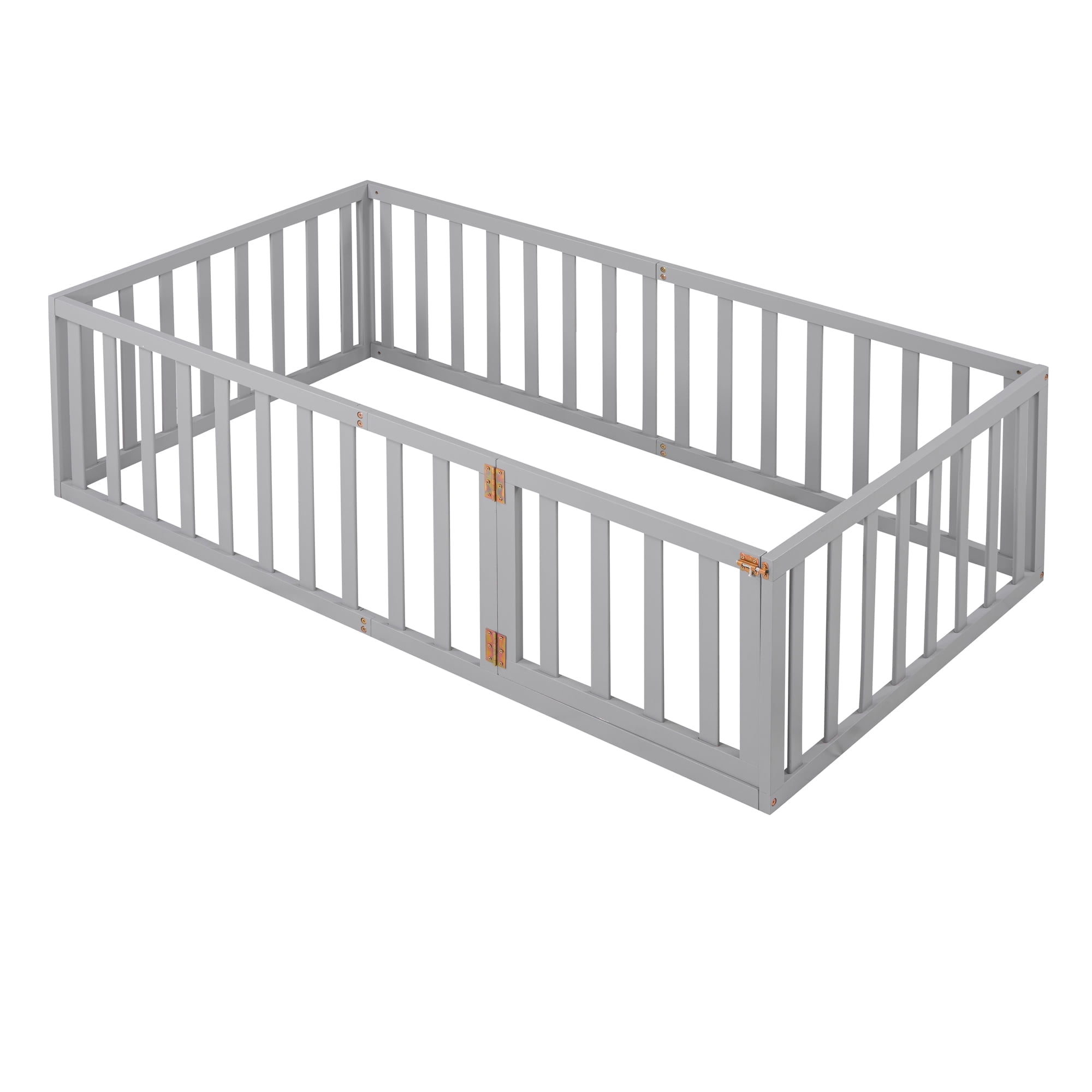 Mintazer Twin Floor Bed with Guardrails & Hinged Gate Door, Montessori Toddler Floor Bed Frame for Kids, Gray
