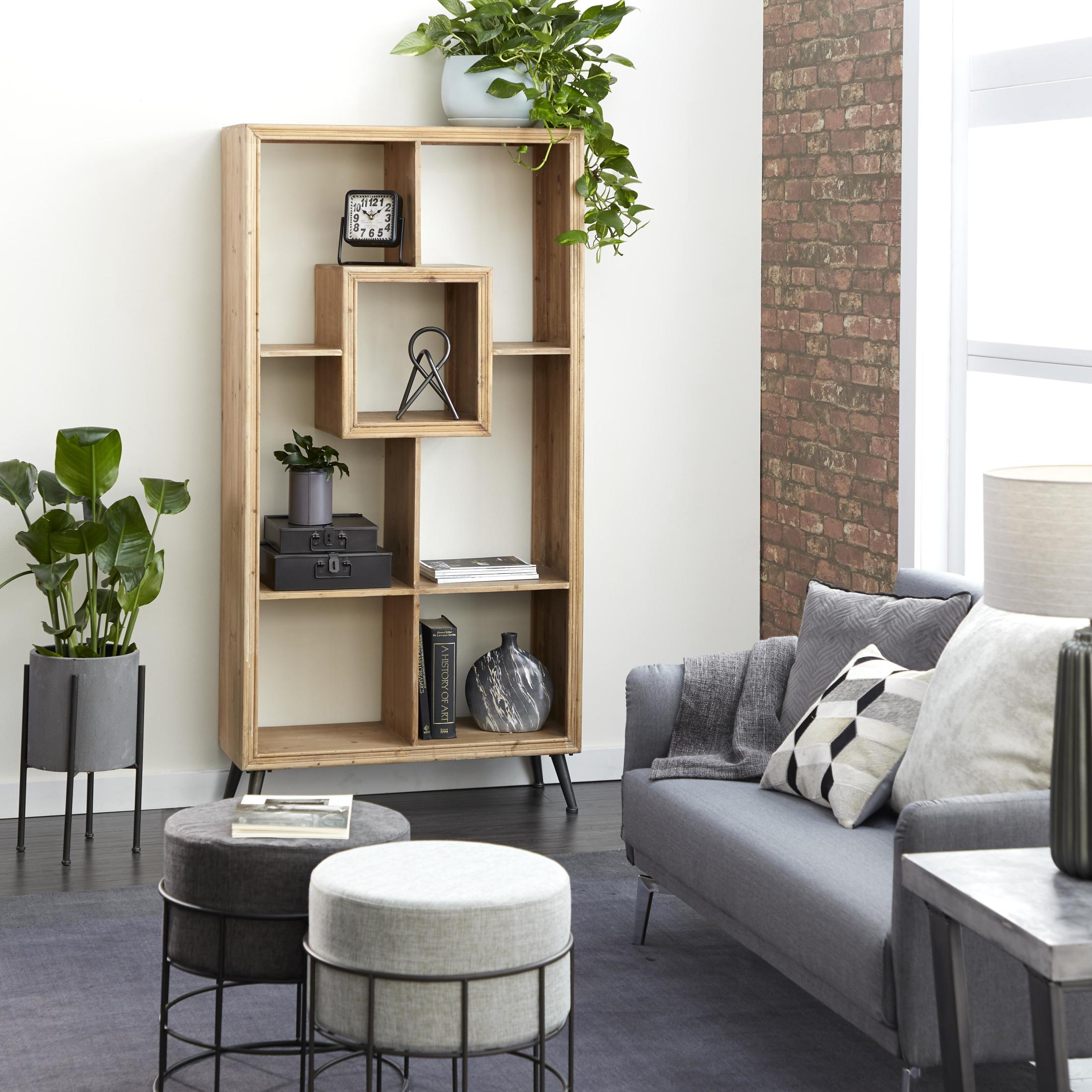 DecMode 35" x 70" Light Brown Wooden Geometric Bookcase 4-Tier Shelving Unit with Black Tapered Legs, 1-Piece