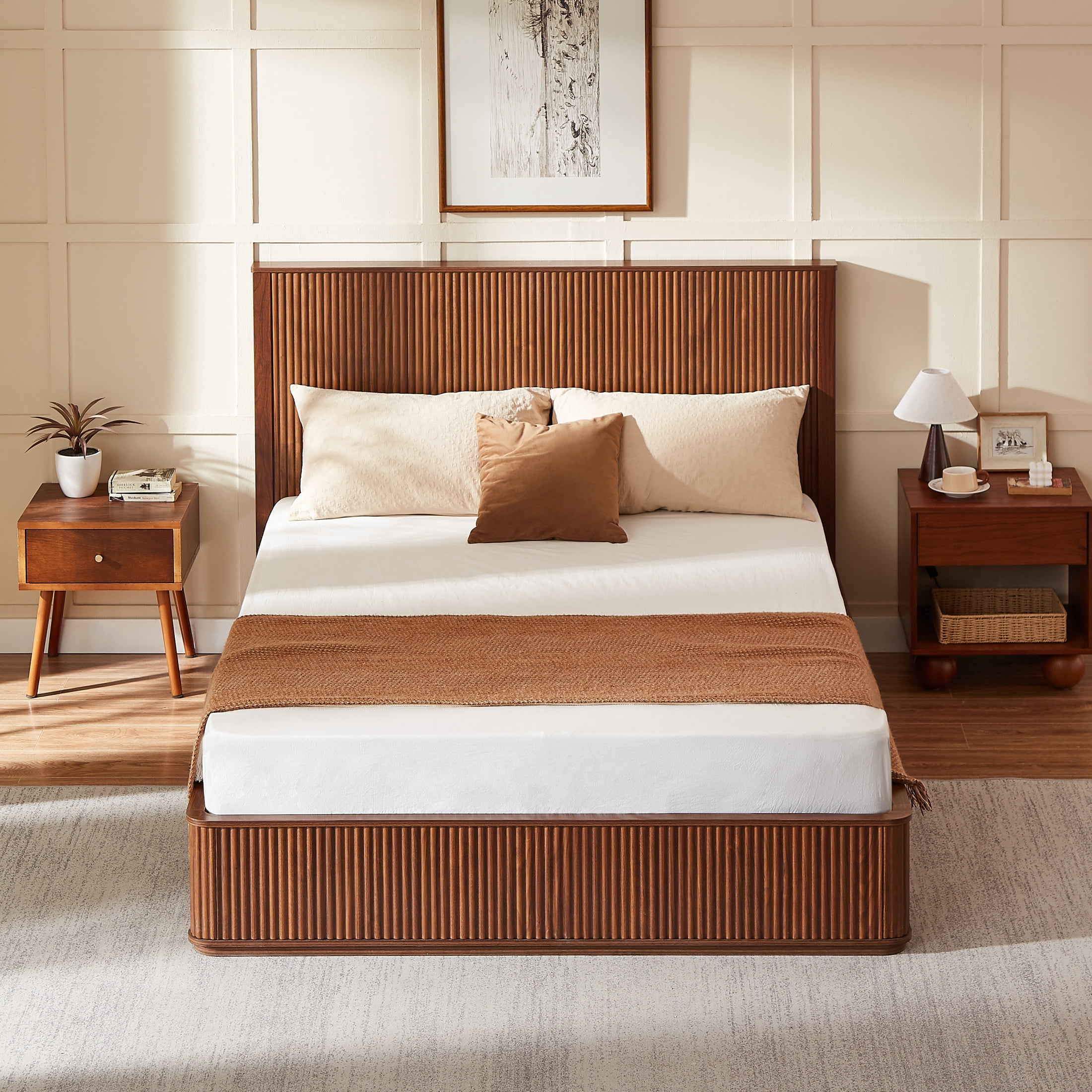 Noble House Queen Platform Bed Frame with 44.49" Flat Fluted Headboard, Wood Slat Support, Walnut