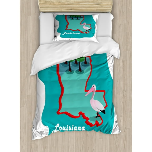 Louisiana Duvet Cover Set Twin Size, Pelican State Map with Cartoon Animal and Forest Tourist Attraction Illustration, Decorative 2 Piece Bedding Set with 1 Pillow Sham, Multicolor, by Ambesonne