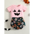 thumbnail image 3 of ZAXARRA Ensemble Pantalon Bébé Fille, Halloween Manches Courtes Col Rond Imprimé Sourire Chemise + Short Imprimé Citrouille, 3 of 9
