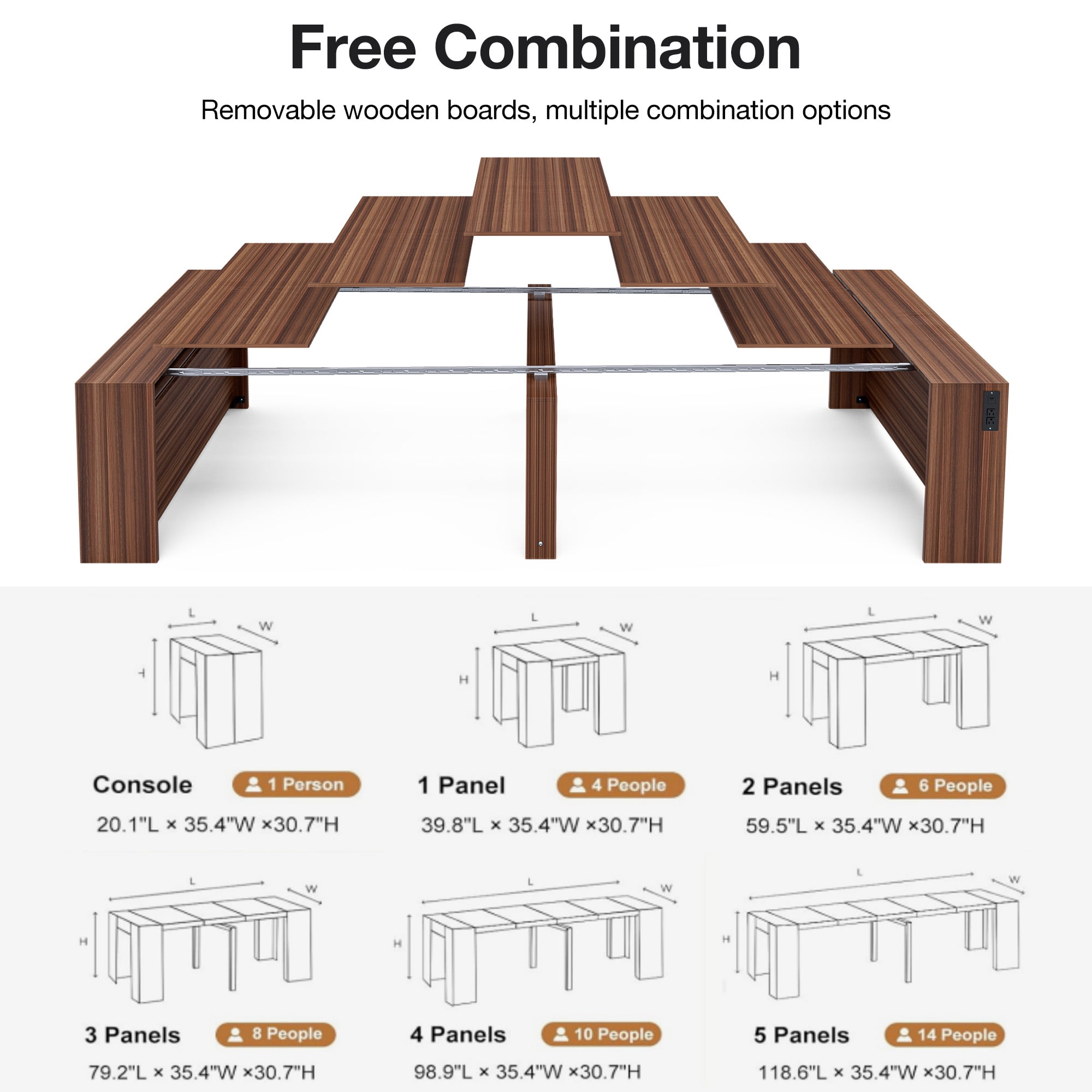 Advwin 118" Extendable Dining Table with Outlets & Storage, Folding Multipurpose Table for 2-12 People, Modern Wooden Table for Meetings, Weddings, Office, Party, Brown