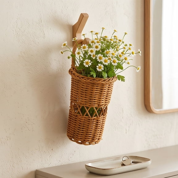 Woven Wall Mounted Cutlery Caddy, Hanging Organizer with Faux Flowers for Knives, forks, Chopsticks, and Toothbrushes in Kitchen and Bathroom