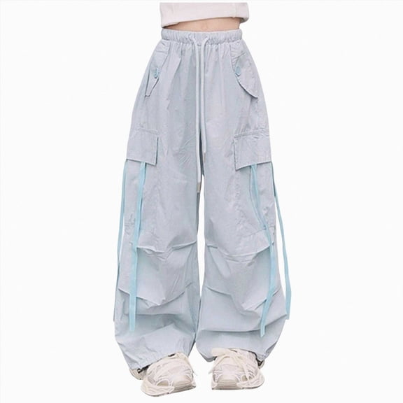 NOLDARES Girls Parachute Pants Kids Elastic Waist Wide Leg Cargo Pants Y2K Street Baggy Trousers with Pockets(Blue,8-10 Y)