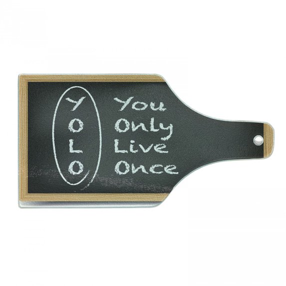 YOLO Cutting Board, Chalkboard Background Abbreviation Room Themed Illustration, Decorative Tempered Glass Cutting and Serving Board, Wine Bottle Shape, Charcoal Grey Pale Brown, by Ambesonne
