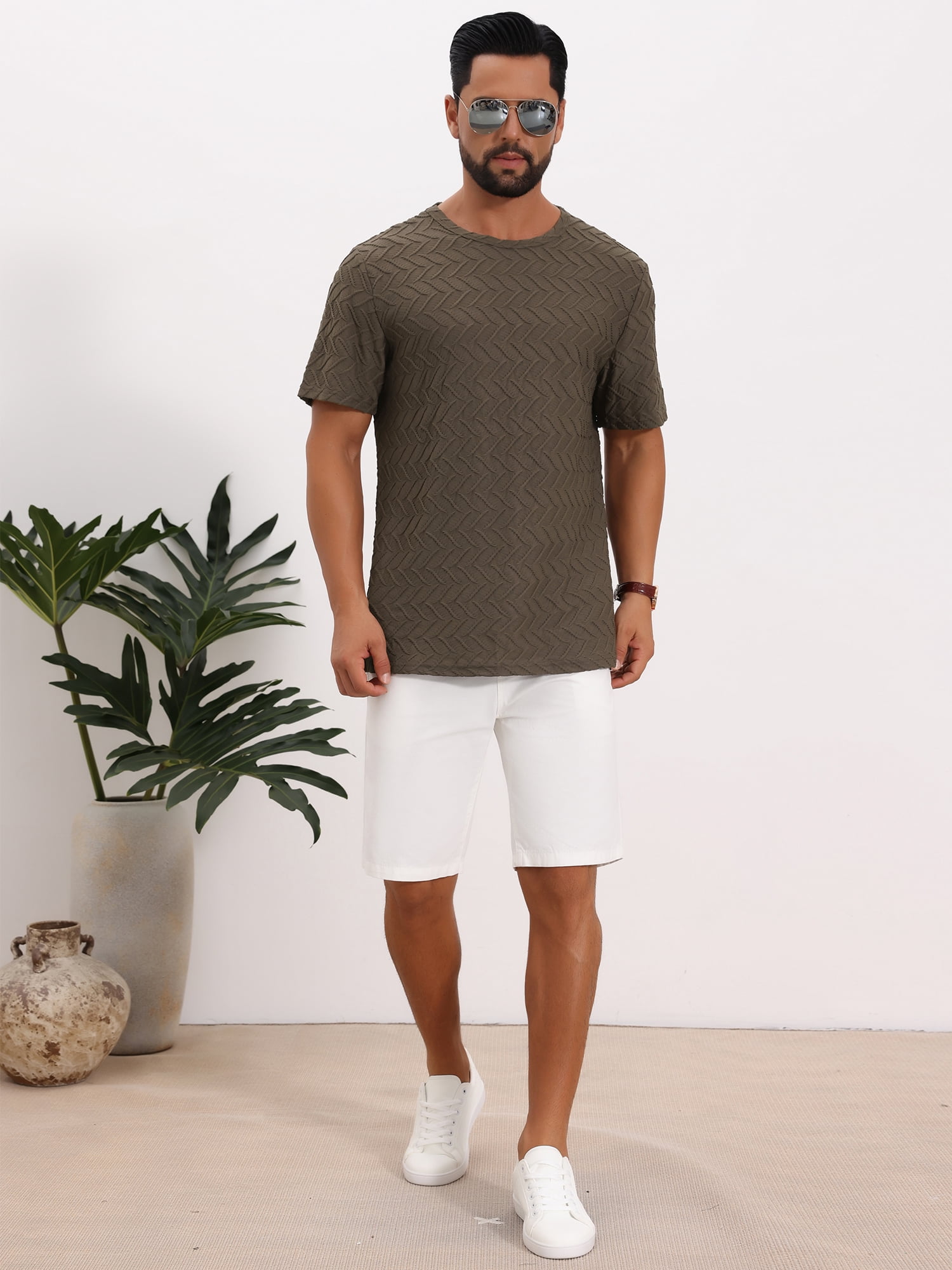 DARING DIVA Men's Knitted T-Shirts Short Sleeve Crew Neck Jacquard T-Shirt 2XL Brown