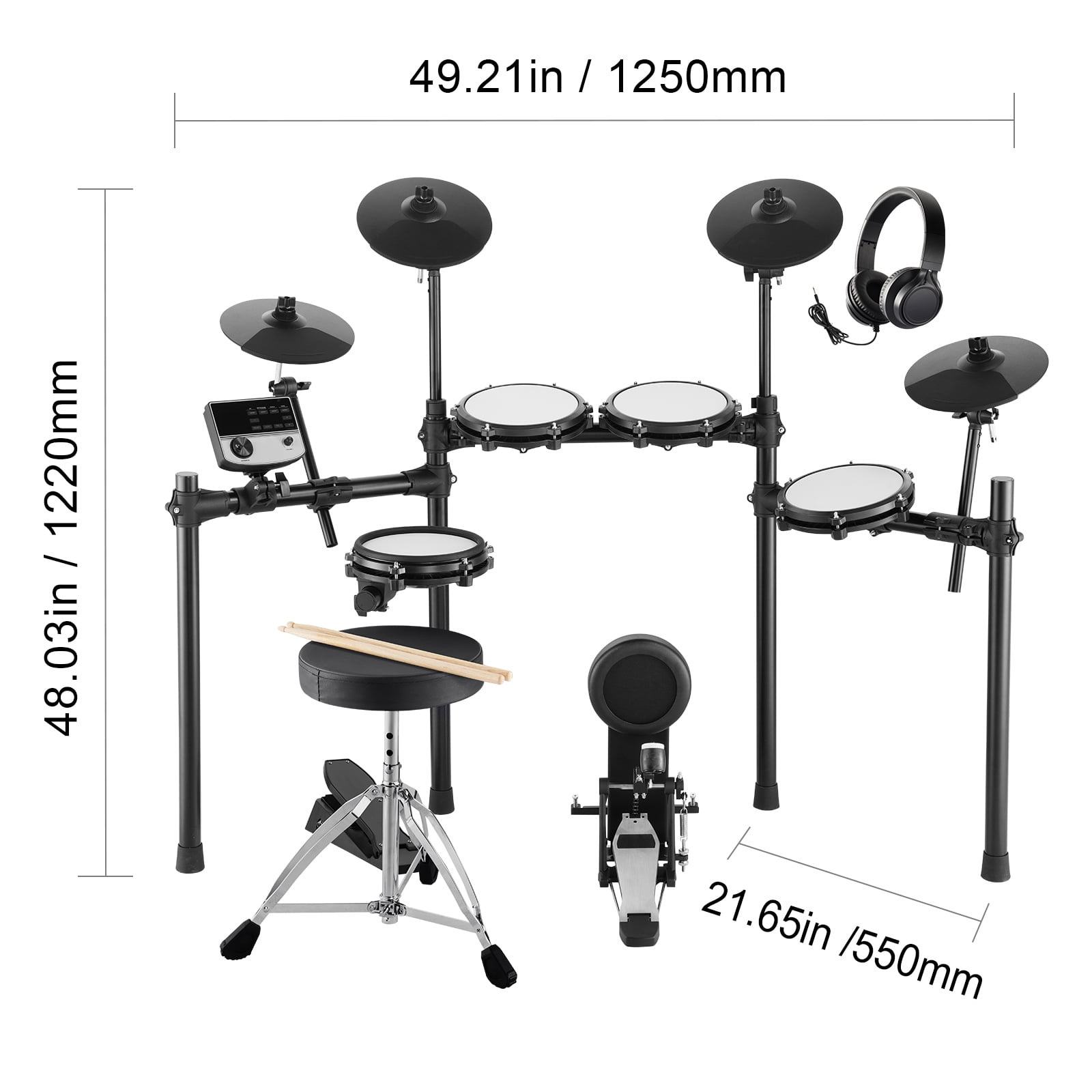KFFKFF Electronic Drum Set, Collection of 32 Drum Kits & 480 Unique Sounds, 8 in Silent Mesh Snare, USB MIDI Compatible, Comes with 10 in Cymbals, Drum Sticks & Headphones