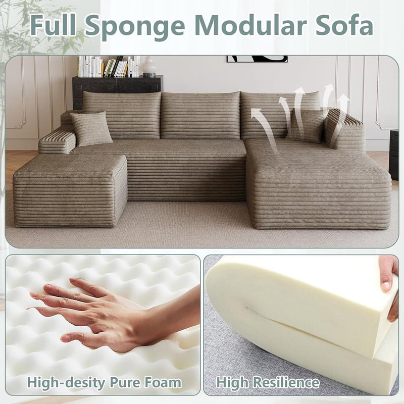 94" Modular Sectional Sofa with Ottoman, Modern Corduroy Cloud Couch with Deep Seat, Upholstered 3-Seater U-Shaped Sofa for Living Room, Right Facing Chaise