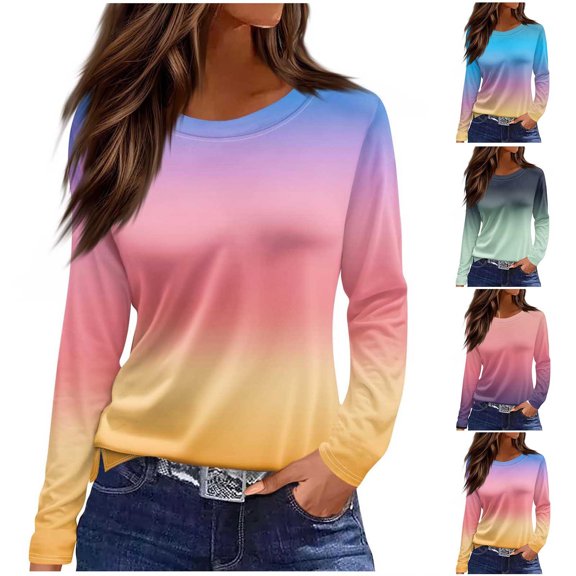HVOBTTY Women's Loose Print Long Sleeve Crew Neck T Shirt Casual Fashion Lightweight Soft Tops Green, M