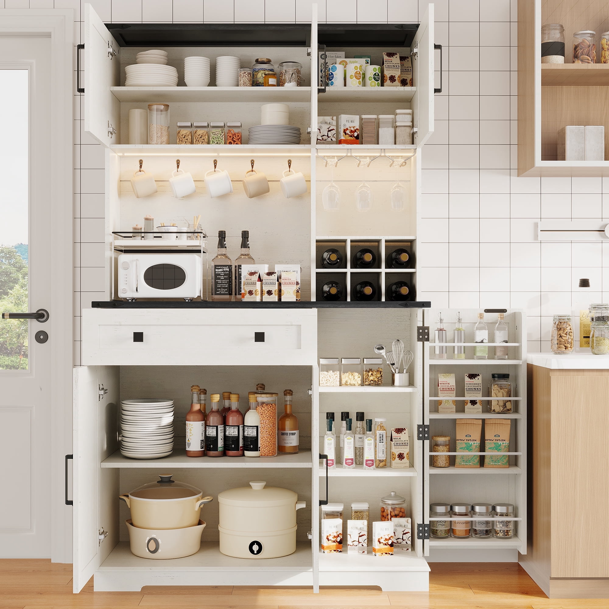 Neche 71" Kitchen Pantry Cabinet, Tall Storage Cabinet with Charging Station, LED Light, Microwave Stand, Drawers, Wine Rack, Farmhouse Hutch for Dining Room, White