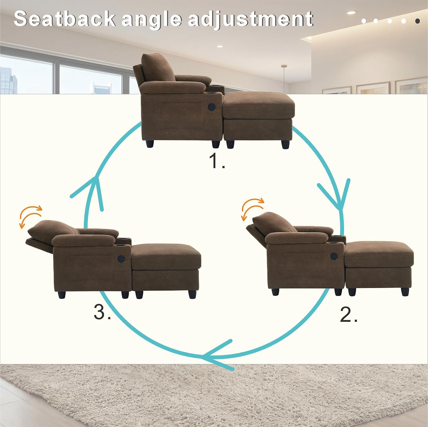 MOONMISS Chaise Lounge Chair Indoor, Convertible Recliner Reading Sofa Chair, Coffee | Cup Holders, USB Port, Adjustable Backrest, Storage Ottoman for Living Room,Home Theater & Bedroom,Coffee