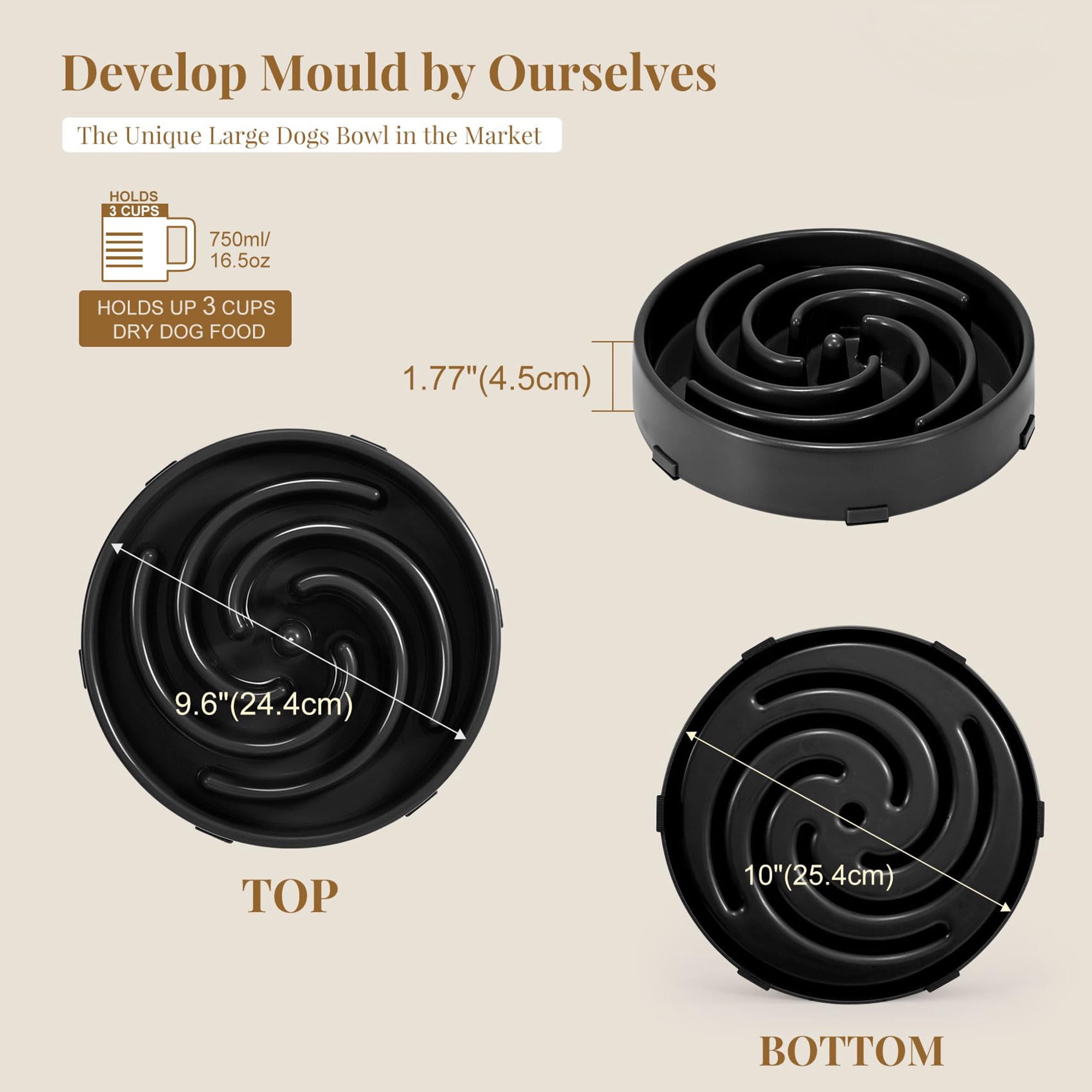 Slow Feeder Dog Bowl for Large and Medium Dogs, Gulping Pet Bowl to Preent Bloat and Choking, Spiral Maze Design for Eating, Non Slip Base with 6 Pads, Easy to Clean Dishwasher Safe, Black