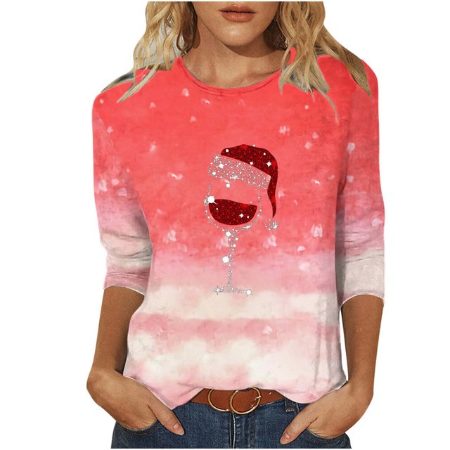 Besolor Chemises de Noël 3/4 pour Femmes Tunique Imprimée Col Rond Hauts Décontractés Grande Taille Blouse de Vacances pour Dames