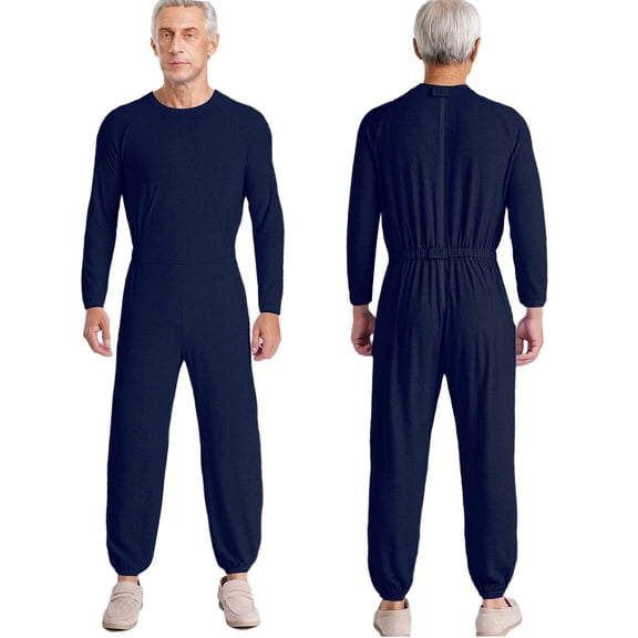 iiniim Adult Adaptive Clothing Back Zip Sleepwear Anti-strip Jumpsuits for Special Needs And Disabilities Dark Blue XL