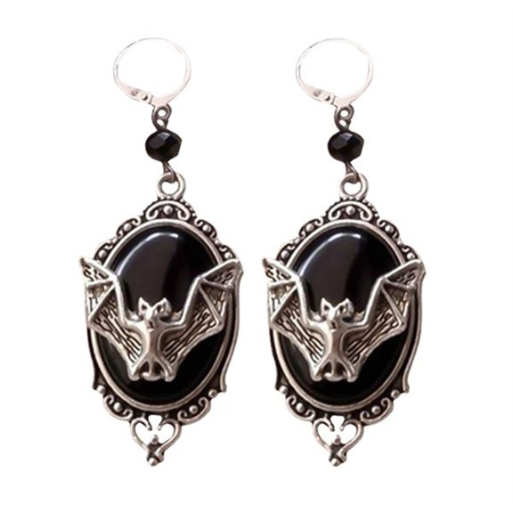 CILENON Women Women Earring Vintage Bat Oval Dangle Huggie Earrings Halloween Party Jewelry Gift Black (Black,One Size)