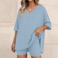 thumbnail image 2 of XUNKUSGA Short Sets for Women Casual Loose 2 Piece Sets for Women Summer Classic Soild Color Oversized V Neck T Shirts Tops Biker Shorts Matching Sets,Blue,S, 2 of 7