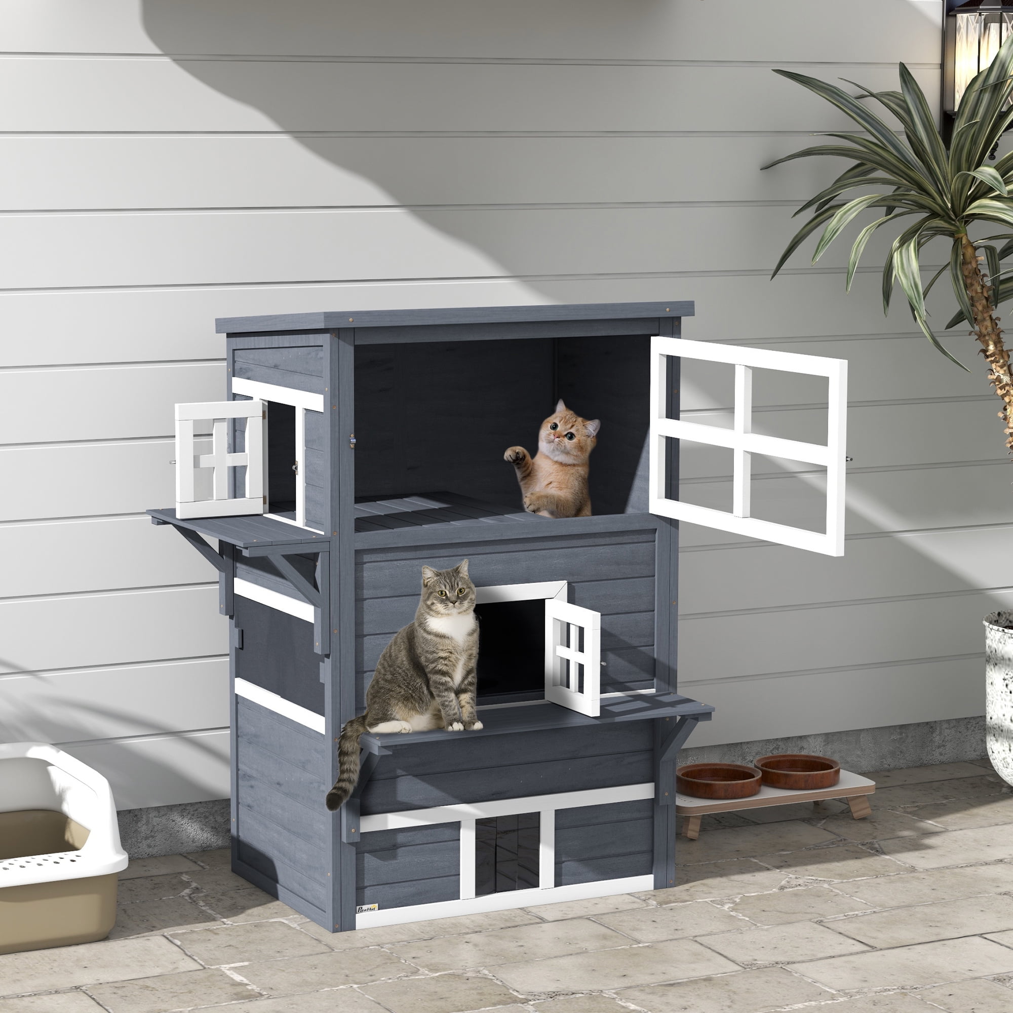 3-Story Cat House Feral Cat Shelter, Outdoor Kitten Condo with Raised Floor, Asphalt Roof, Escape Doors, Jumping Platforms, Dark Gray