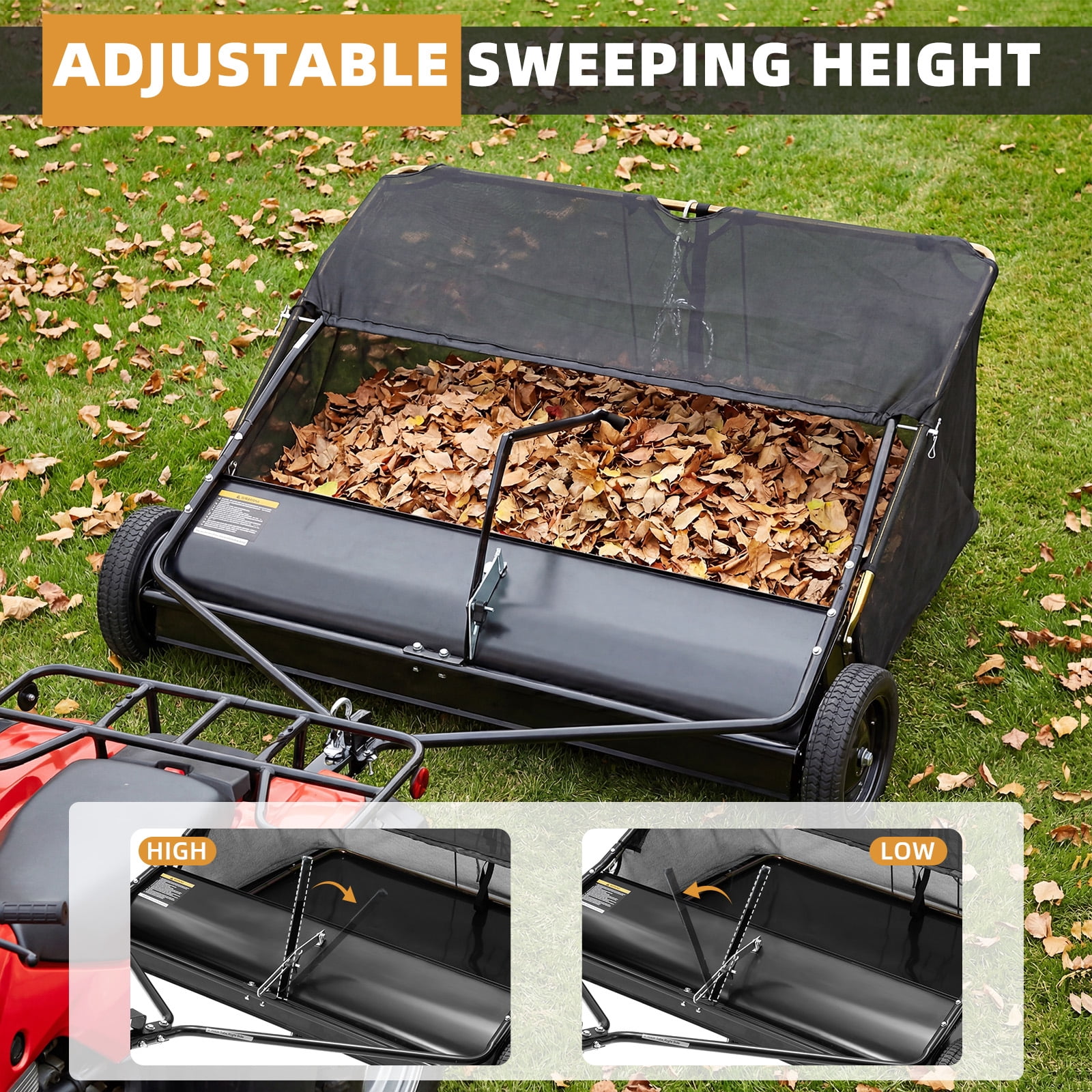 JFHID 48-Inch Tow-Behind Lawn Sweeper with16 Cu.Ft Large Hopper Pull Behind Grass & Leaf Collector for Yard