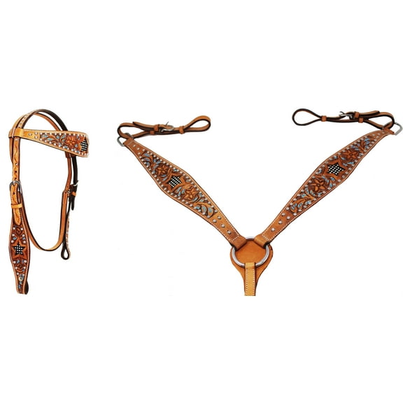 Show Tack Bridle Western Leather Rodeo Headstall Breast Collar Turquoise 8580