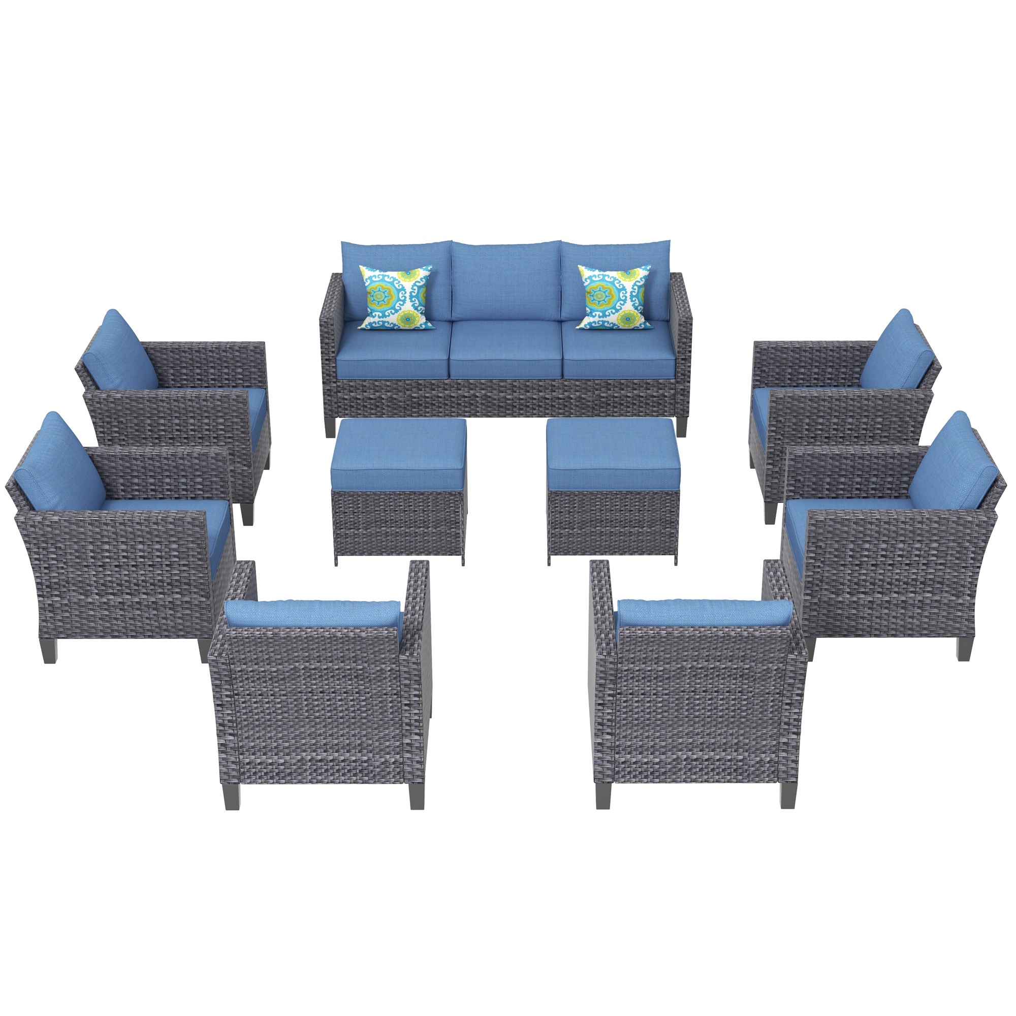 Ovios 9 Piece Outdoor Furniture All Weather Patio Conversation Chair Set Wicker Sectional Sofa with Soft Cushions for Garden Backyard (Denim Blue) - image 3 of 7