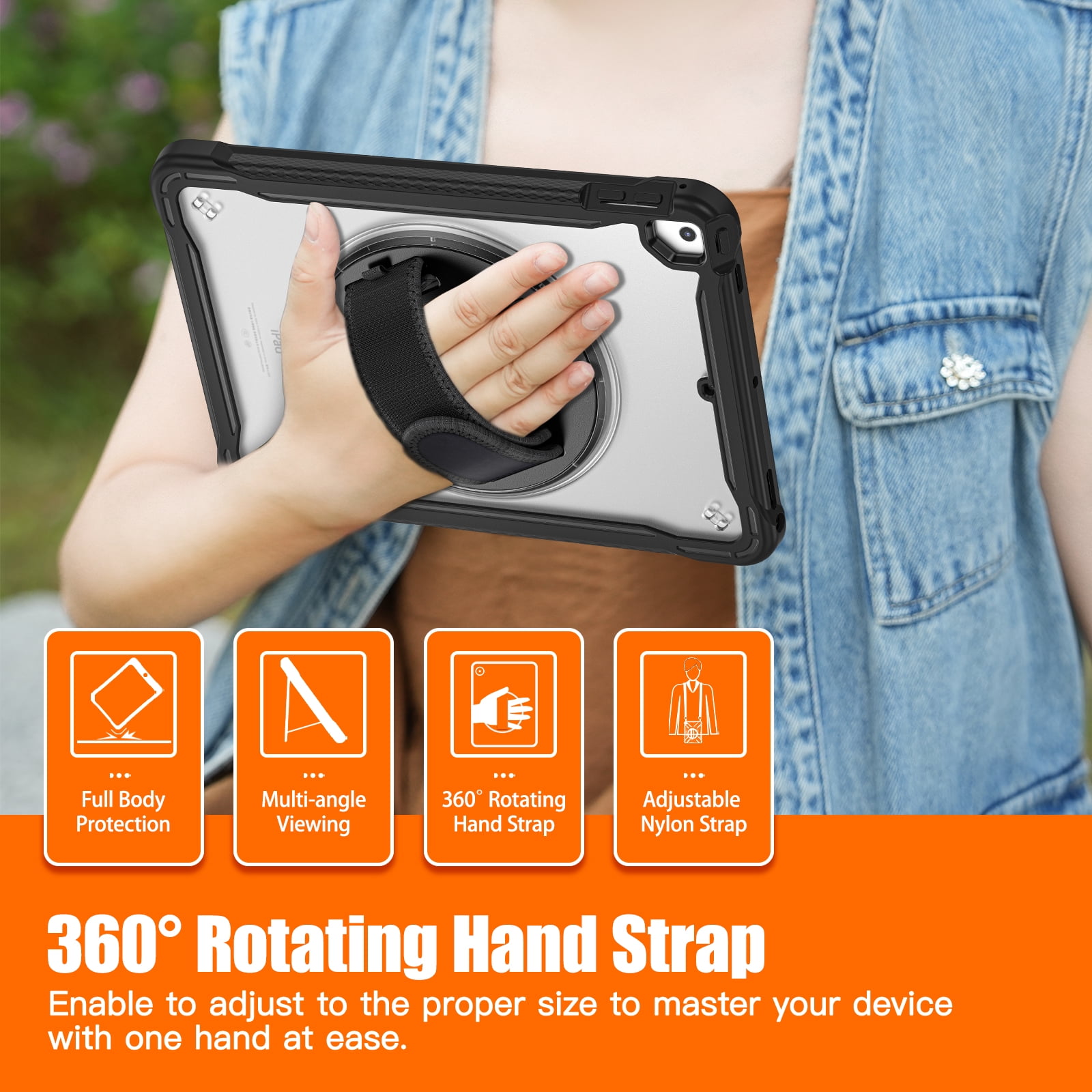 Dteck Case for iPad Air 2/iPad Pro 9.7"/iPad 5th/6th Generation,Military Grade Shockproof Silicone Protective Cover 360° Rotatable Stand- Shoulder Strap- Handle- Pencil Holder,Black