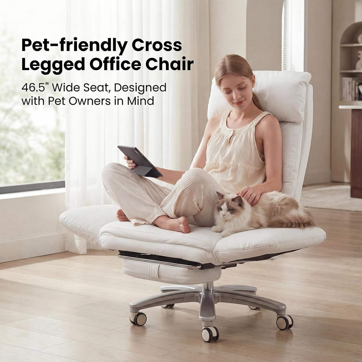 Ninecer Cross Legged Office Chair with Wide Seat, Plus Size Criss Cross Desk Chair, White Leather 500LBS Big and Tall Office Chair with Foot Rest, Reversible Armrests & Wide Seat