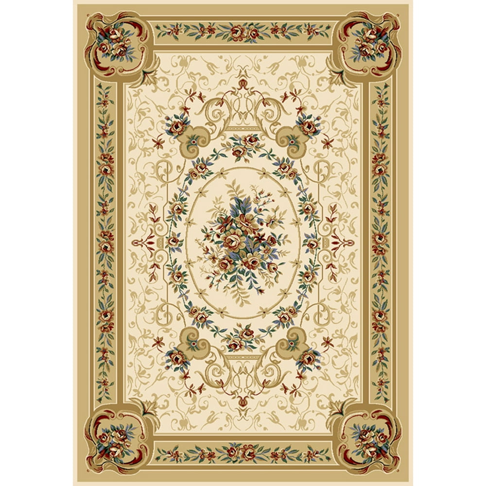 French Country Ivory Floral Bordered Medallion Roses Area Rug