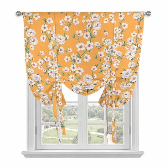 Spring Botanical Tie Up Curtains for Windows, Adjustable Balloon Window Shades, Watercolor Floral Flowers Botanical Yellow Kitchen Window Treatments Farmhouse Short Curtains with Rod Pocket 42"x45"