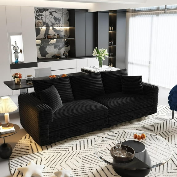 82.7" Oversized Cloud Couch, Convertible 3 Deep Seat Upholstered Sofa Couch, 2 in 1 Plush Corduroy Sofa with 6 Soft Pillows, Modern Modular Sectional Couches for Living Room, Apartment, Black