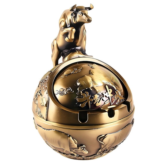 Vintage Ashtray with Lid for Cigarettes, Metal Windproof Smokeless Odorless Ash Tray Holder for Indoor Outdoor Decorative Hand-Carved Fancy Gift Ornament for Home Office