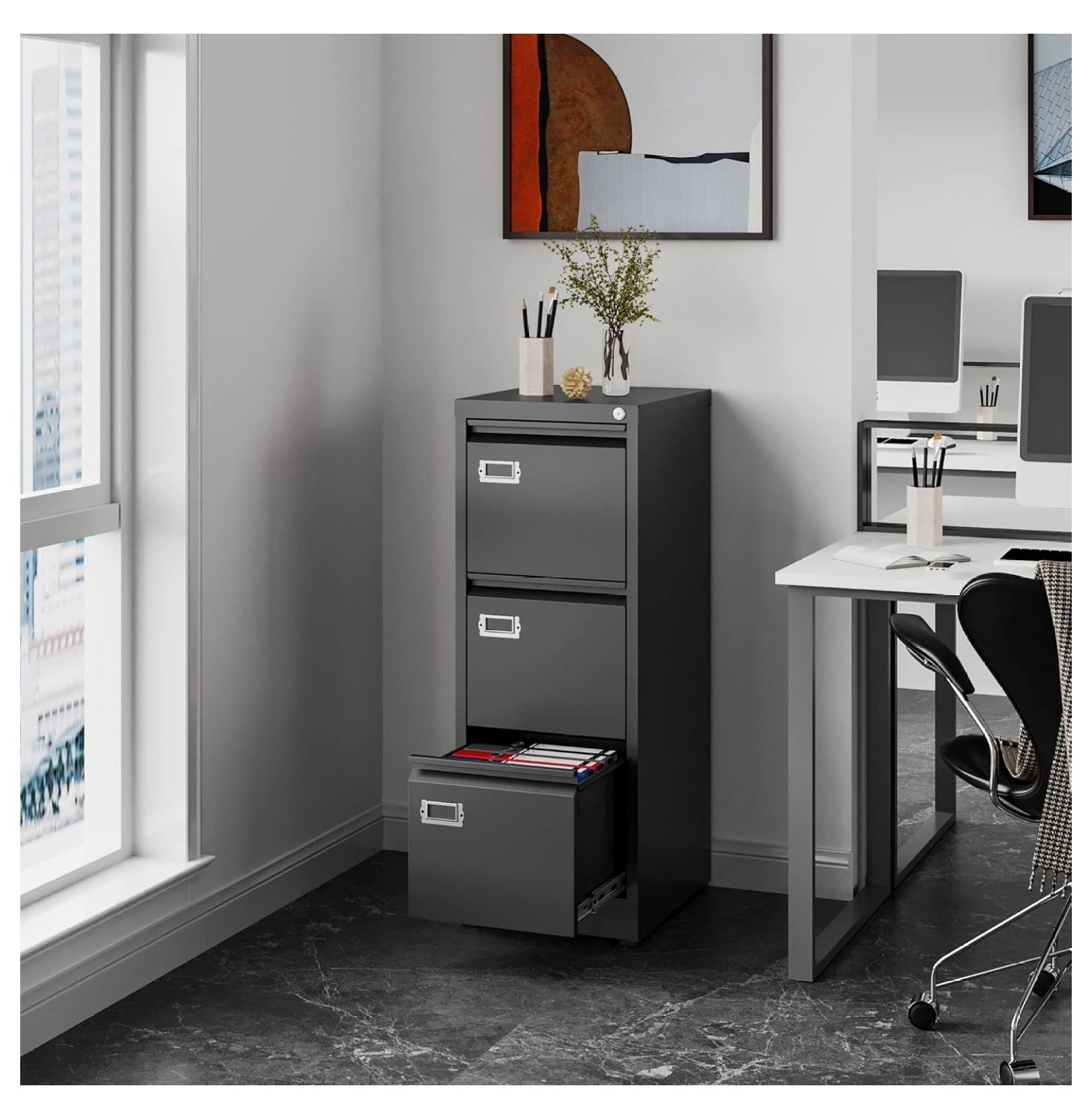Vertical File Cabinets - 3 Drawers 17.8" Deep Lockable Filing Cabinet - Metal Storage Cabinets for Home Office to Hanging Files Letter/Legal/F4/A4 Size 3 Drawres Black