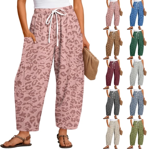 Stralyhd Womens Pants Baggy Barrel Leopard Elastic High Waisted Wide Leg Palazzo Pants Casual Cheetah Print Summer Leisure Going Out Pants Pink M