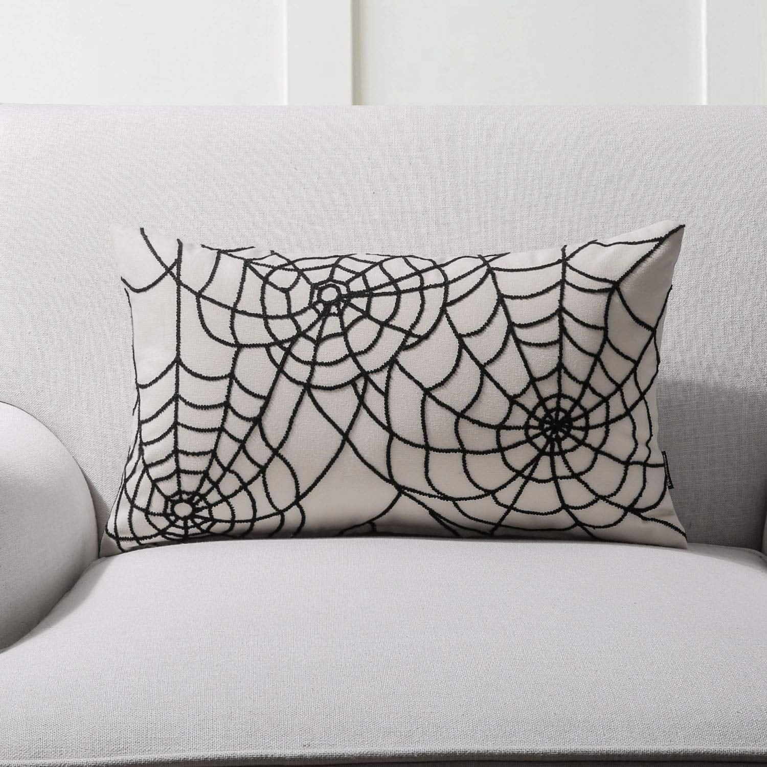 Phantoscope Halloween Holiday Collection Cotton Embroidery Decorative Throw Pillow Cover, 12" x 20"/18" x 18", Embroidery Spider Web, 4 Pack