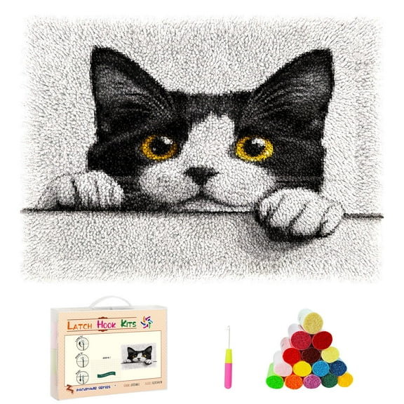 DIY Latch Hook Rug Kits Black and White Cat Peeking Over Edge Stamped Non-slip Mat Crochet Yarn Hook and Latch Emboridery Tapestry for Home Floor Decor and Pet Warm Cushion 52x38cm(2)