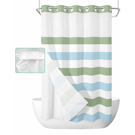 No Hook Shower Curtain with Snap in Liner, Geometric Sage Green and Blue Stripes Hotel Shower Curtains for Bathroom, Washable Shower Curtain Liner Set with Mesh Top Window, 54"x78"