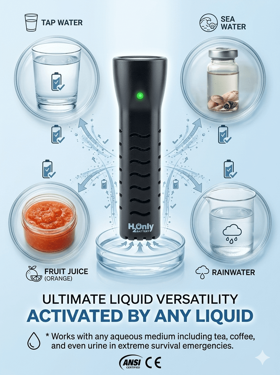 H2OnlyBattery Flashlight - No Batteries Needed - Water Powered (or Any Liquid)- No Expiration Date - 67 Lumens, Emergency Light - Last up to 1500 Hours (Black)