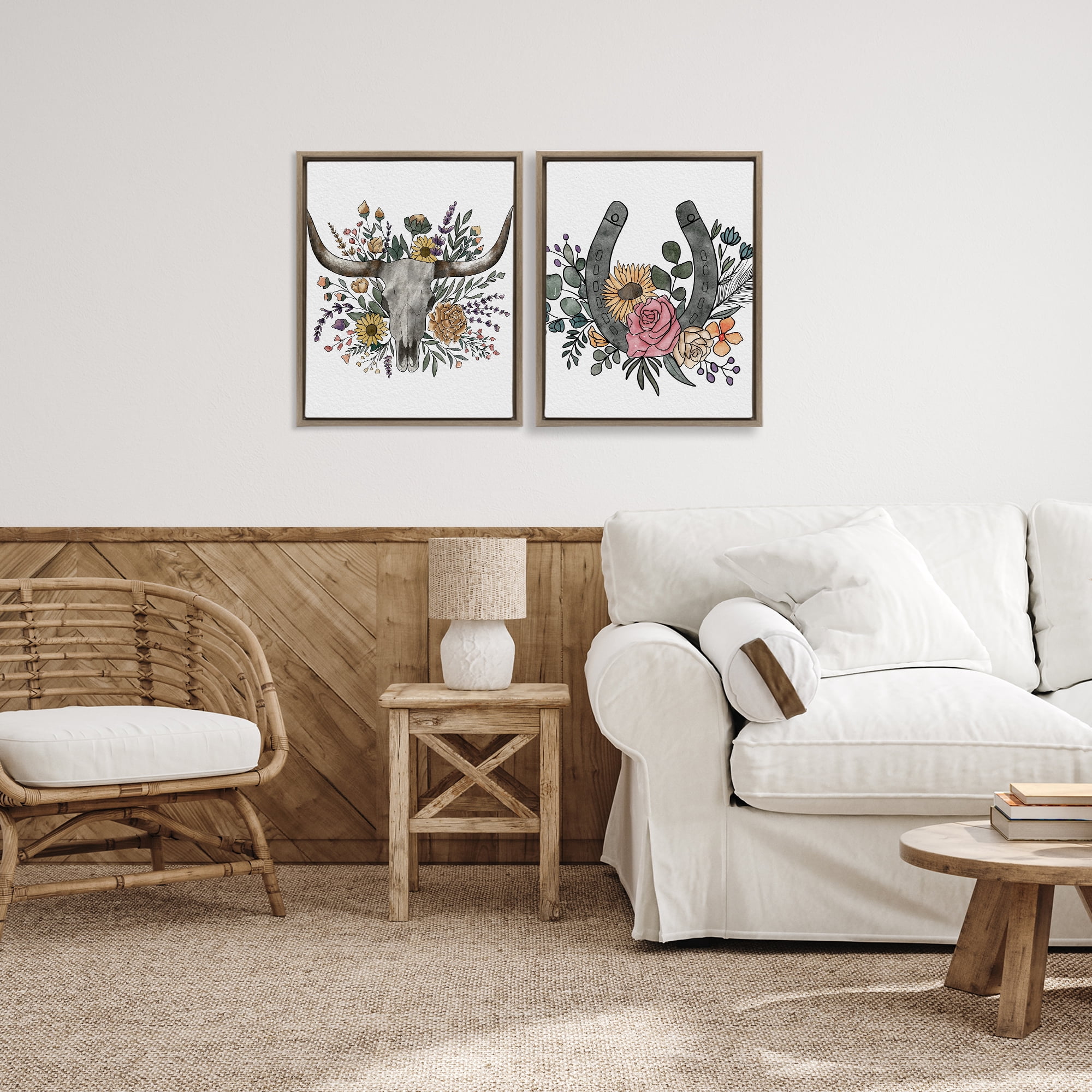 Stupell Industries Boho Longhorn & Horseshoe 2 Piece Brown Framed Floater Canvas Set, design by Alisha Kiara Design