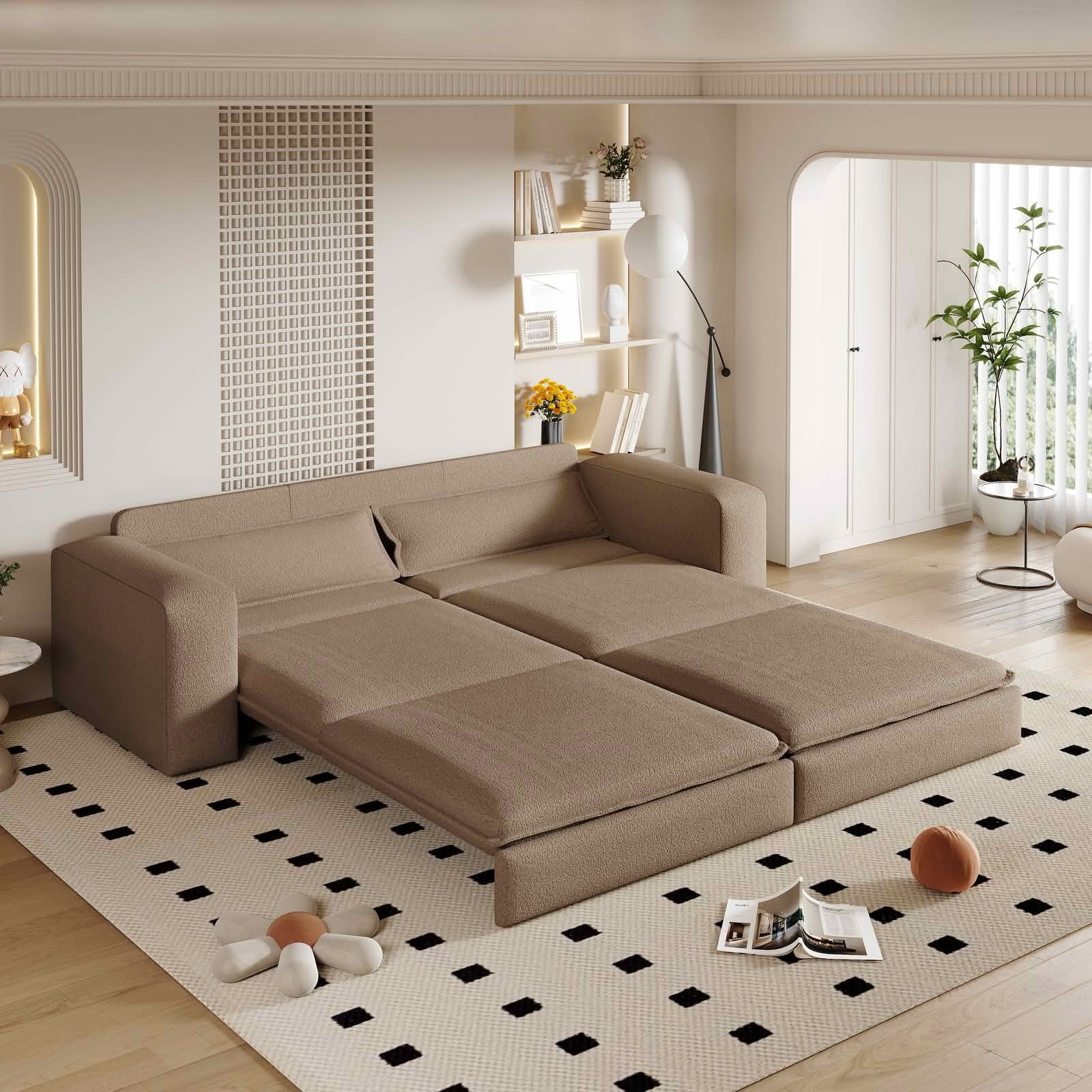 MAYEERTY 93" King‑Size Pull‑Out Sleeper Sofa Bed, 3‑in‑1 Convertible Chaise Lounge, Teddy Fabric 3‑Seater Couch Includes 2 Lumbar Pillows for Living Room & Study