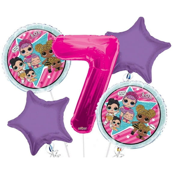 LOL Round Balloon Bouquet 5 pc, 7th Birthday, Hot Pink Number 7 Jumbo Balloon