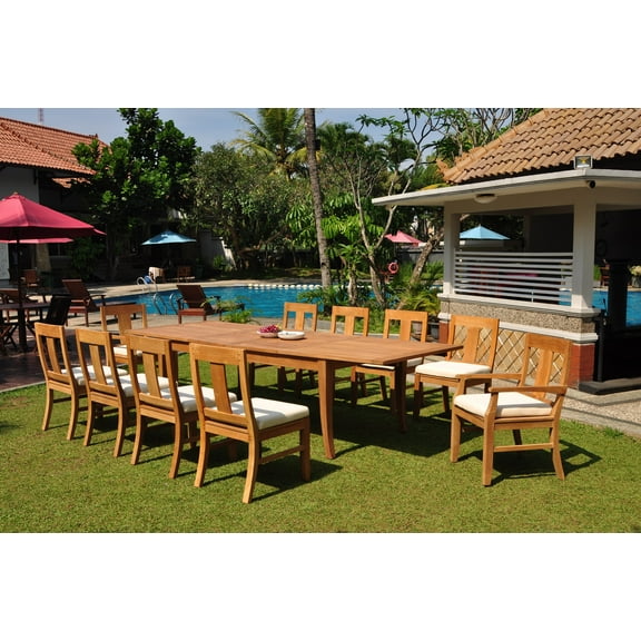 Grade-A Teak Dining Set: 10 Seater 11 Pc: 122" Atnas Double Extension Rectangle Table And 10 Osborne Chairs (2 Arm & 8 Armless Chairs) WholesaleTeak #WMDSWVm