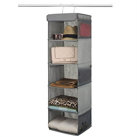 Zober 5 Shelf Hanging Closet Organizer Space Saver, Roomy Breathable Hanging Shelves With (6) Side Accessories Pockets, And 2 Sturdy Hooks, For Clothes Storage, And Shoes, Etc. 12 x 11 ½ x 42 In, Gray
