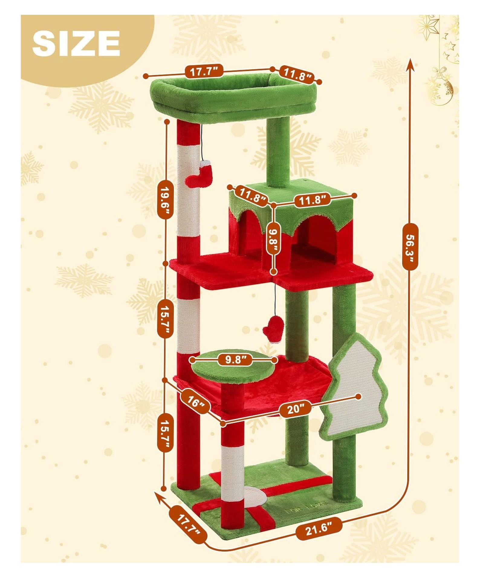 Cat Christmas Tree for Indoor Cats 56.3" - Holiday Cat Tree Tower with Hammock, Scratching Posts & Toys - Festive Red